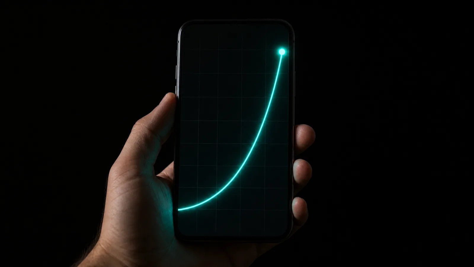 Phone screen showing a steeply rising teal multiplier curve on a black background in a dark room