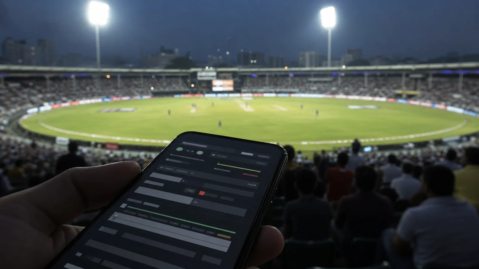 Smartphone showing a sports betting interface held in a floodlit cricket stadium at night