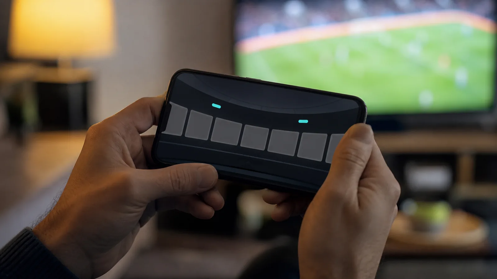 Hands holding a phone showing a live betting screen with a televised match playing in the background