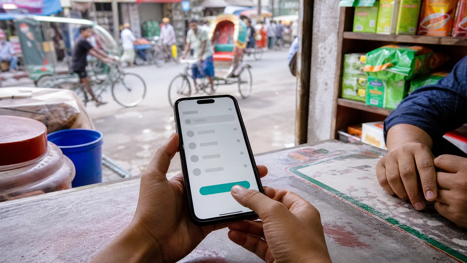 Hands using a mobile payment app on a smartphone at a small street shop counter in Bangladesh