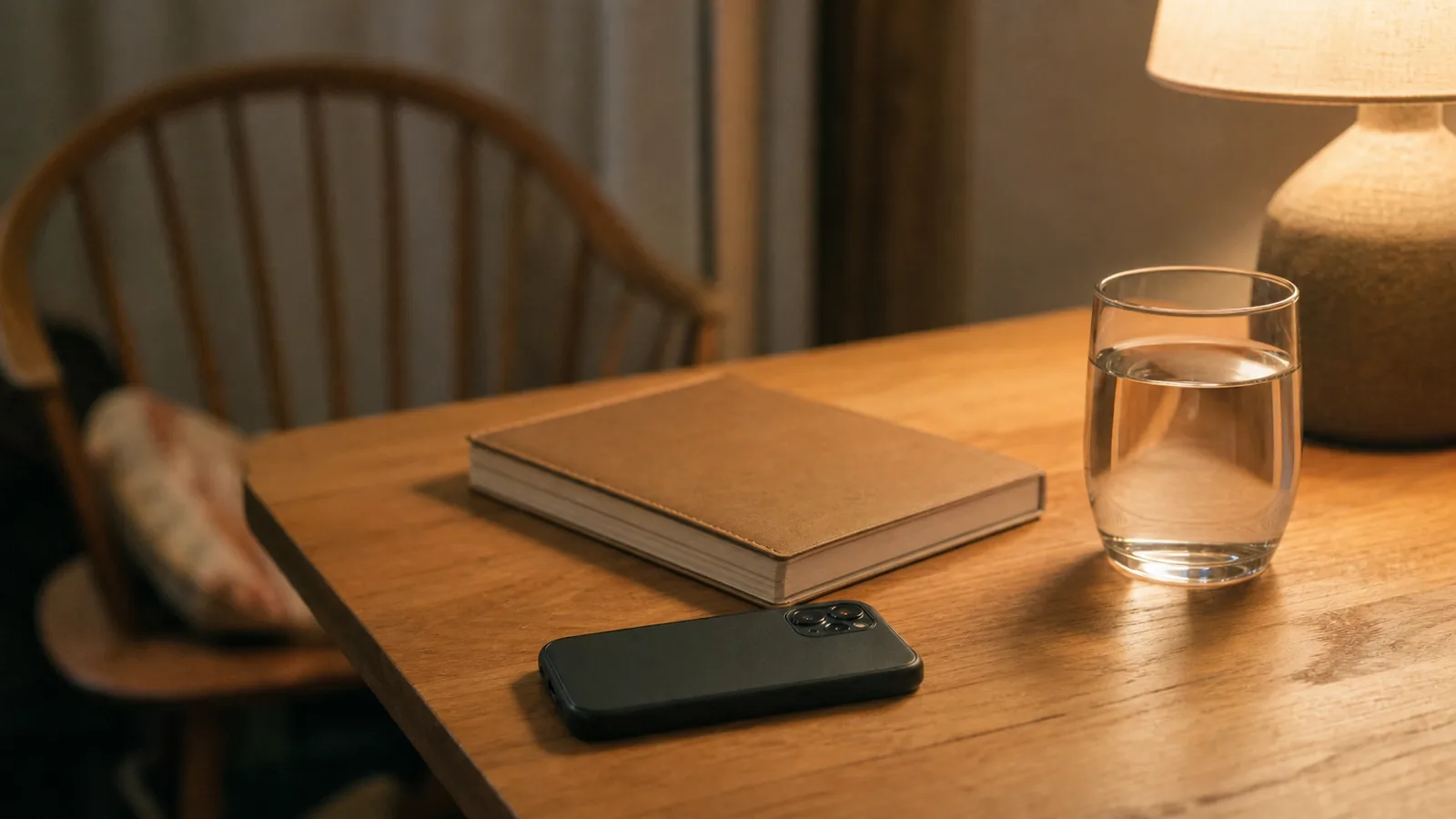 Smartphone lying face-down on a table beside a closed notebook and a glass of water under a warm lamp
