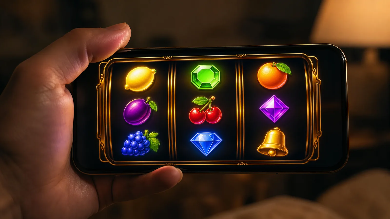 Smartphone showing a slot game interface with three reels of fruit and gem symbols